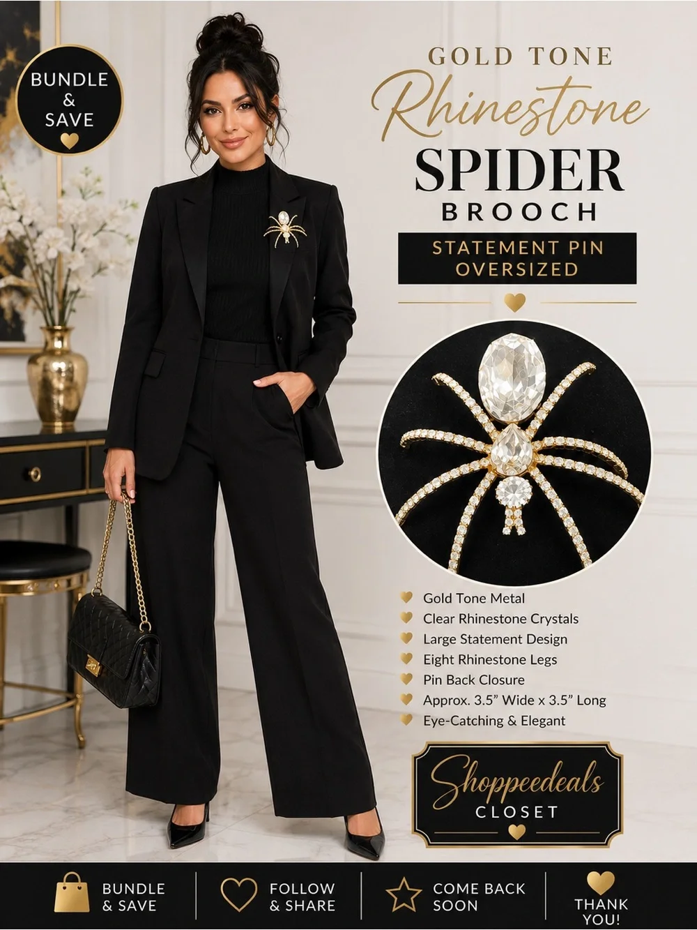 Gold Tone Rhinestone Crystal Spider Brooch Statement Pin Oversized